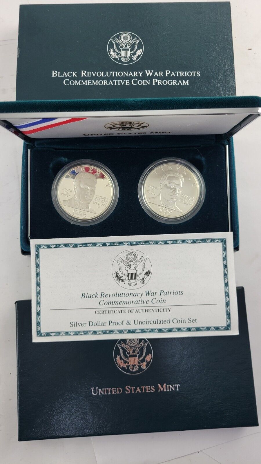 1998 S Black Revolutionary War Patriots Commemorative 2pc Silver Dollar Coin Set