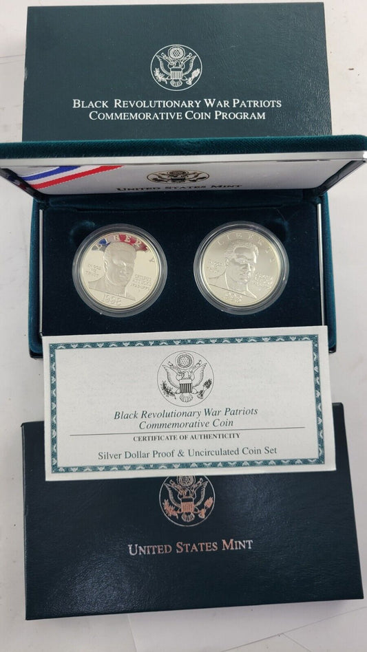 1998 S Black Revolutionary War Patriots Commemorative 2pc Silver Dollar Coin Set