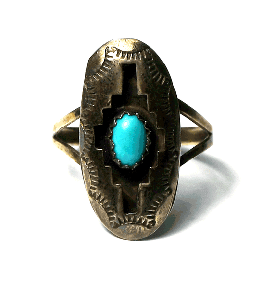 Sterling Silver Signed P Turquoise Shadow Box Ring 22mm Size 7