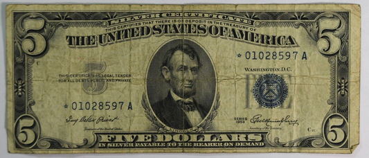 1953 $5 Five Dollars Silver Certificate Blue Seal Star Note *01028597A