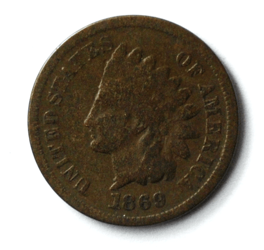1869 1c Indian Head Penny One Cent US Philadelphia Bronze