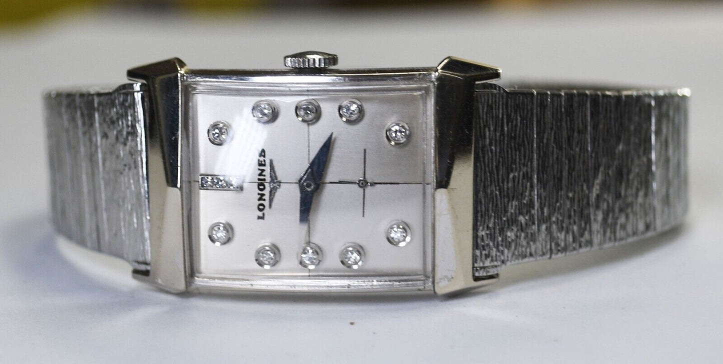 Vintage Longines 14k White Gold 2041 Manual Wind 9LT 13 Diamond 23mm Hooded