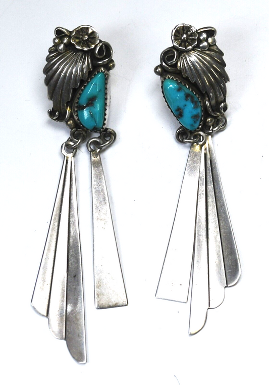 Sterling Vintage Turquoise Chunk Floral Dangle Earrings 2-3/4" x  14mm