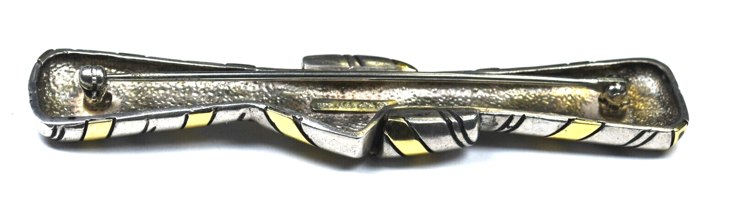 Michael Bondanza Sterling & 18k Striped Bow Tie Knot Brooch Pin 3.25" x 18mm