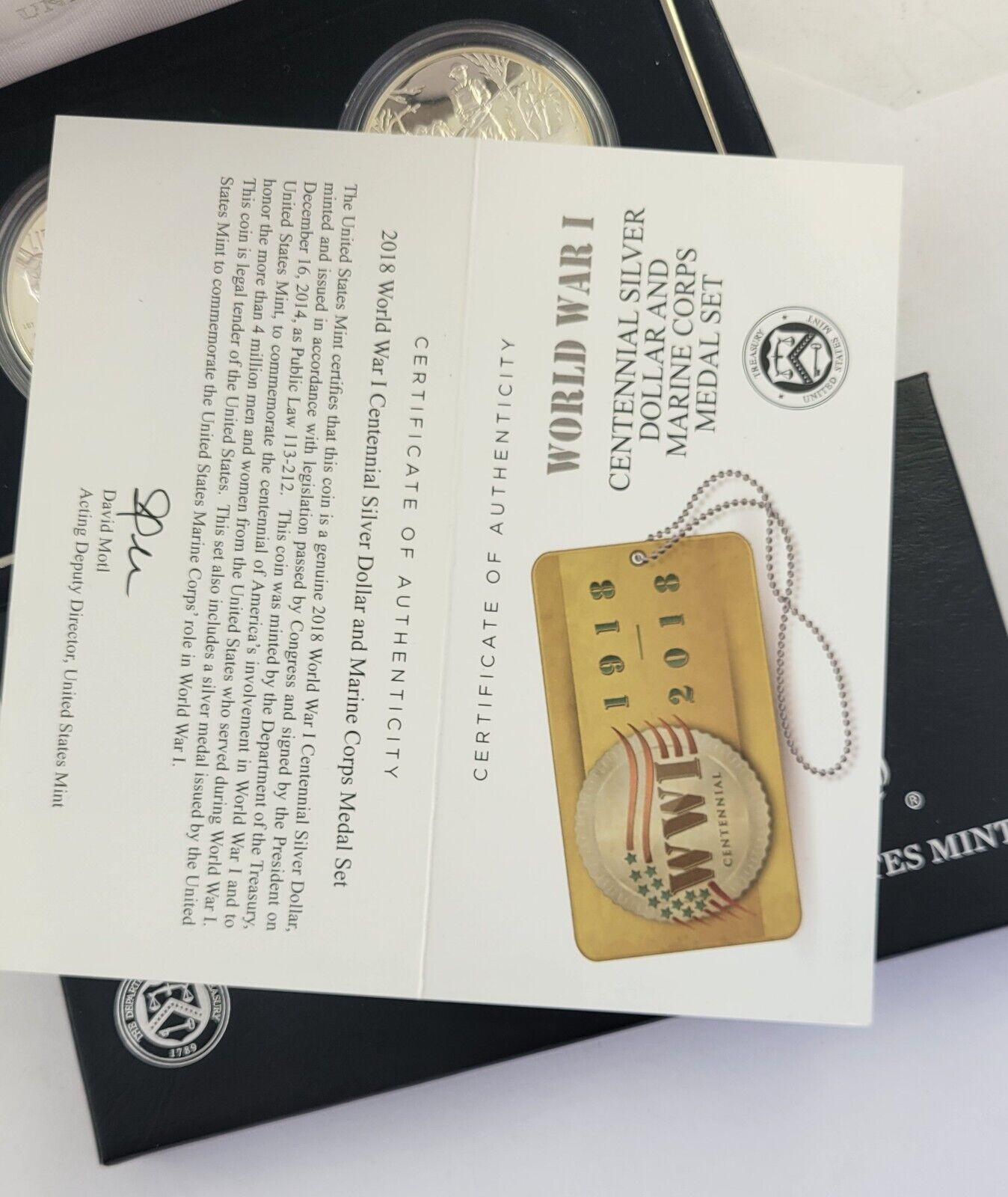 2018 World War I Centennial Silver Dollar and Marine Corps Medal Set w/COA Boxed