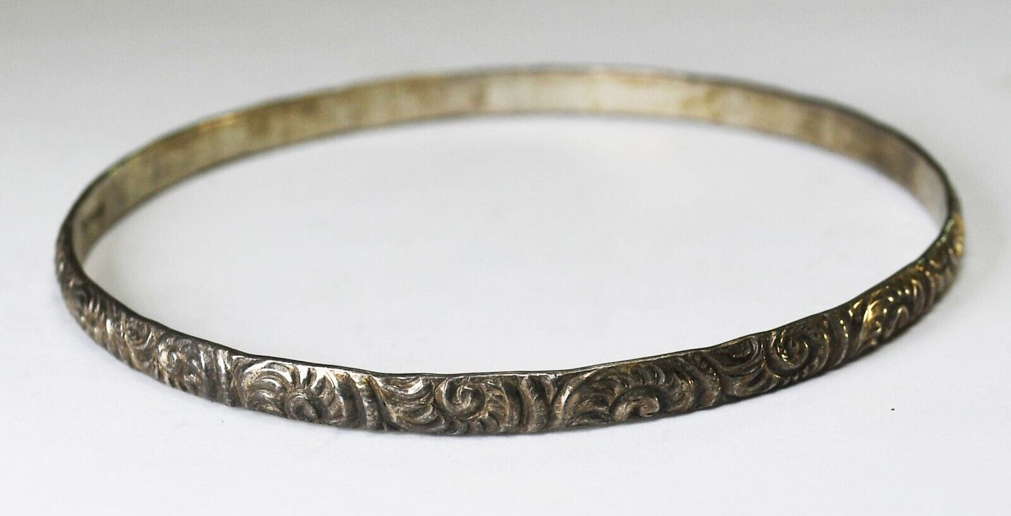 Sterling Silver Stripe Flower Medium Bangle Bracelet 4mm