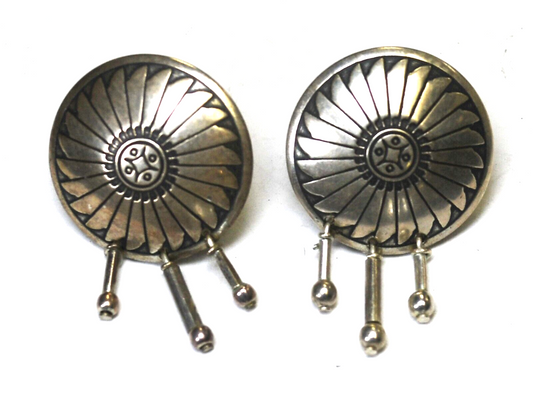 Silver Tone Round Concho Beaded Earrings 28mm x 18mm