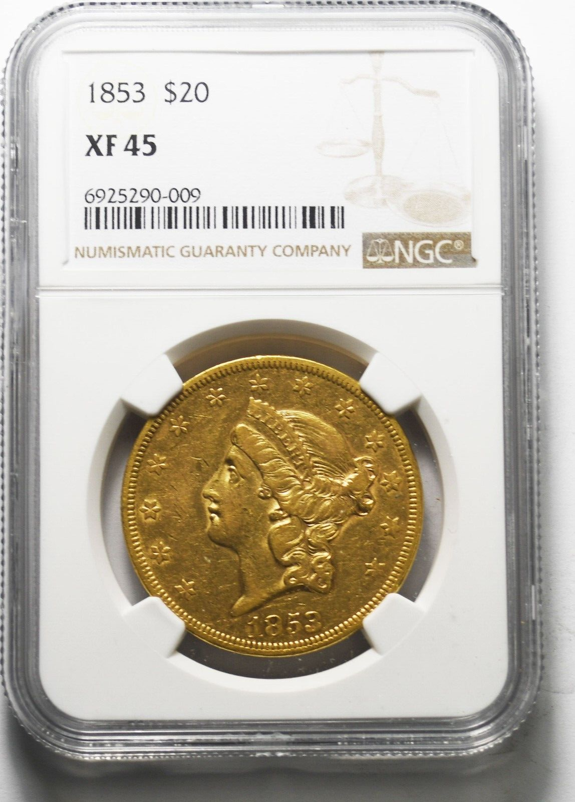 1853/2 $20 Liberty Head Gold Double Eagle Philadelphia B-7162 FS-301 NGC XF45
