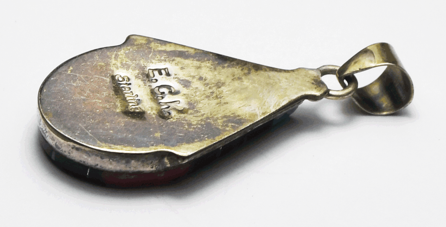 Sterling Silver Cleo Kallestewa Zuni Inlay Teardrop Pendant 35mm x 17mm