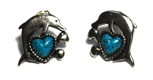 Sterling Silver Pewter Dolphin Turquoise Chip Heart Earrings 18mm x 15mm