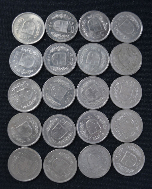 20pc Switzerland 5 Five Franc Coin Lot 1970-1996