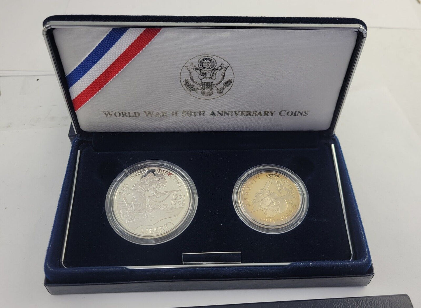 World War II 50th Anniversary 2-Coin Set Silver Dollar & Half Dollar COA Boxed