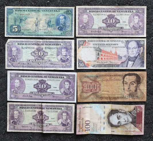 8- 1966 Venezuela 5 10 50 & 100 Bolivares Banknotes 1966-2012