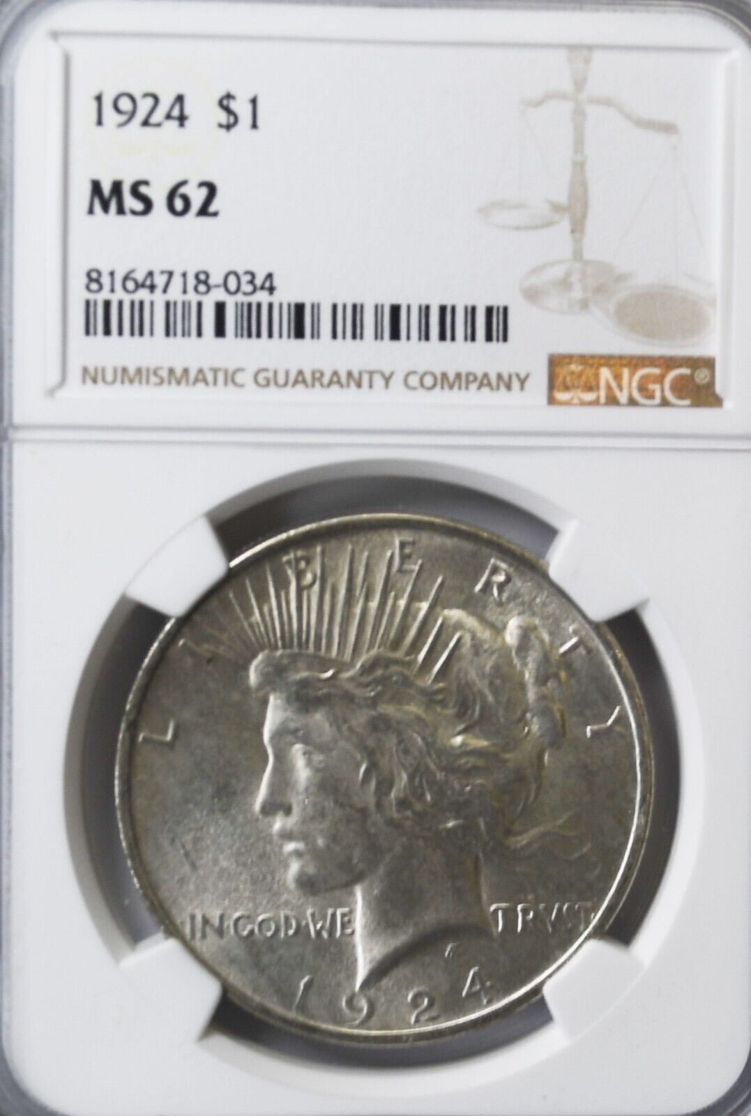 1924 $1 Peace Silver One Dollar US NGC MS62 Philadelphia