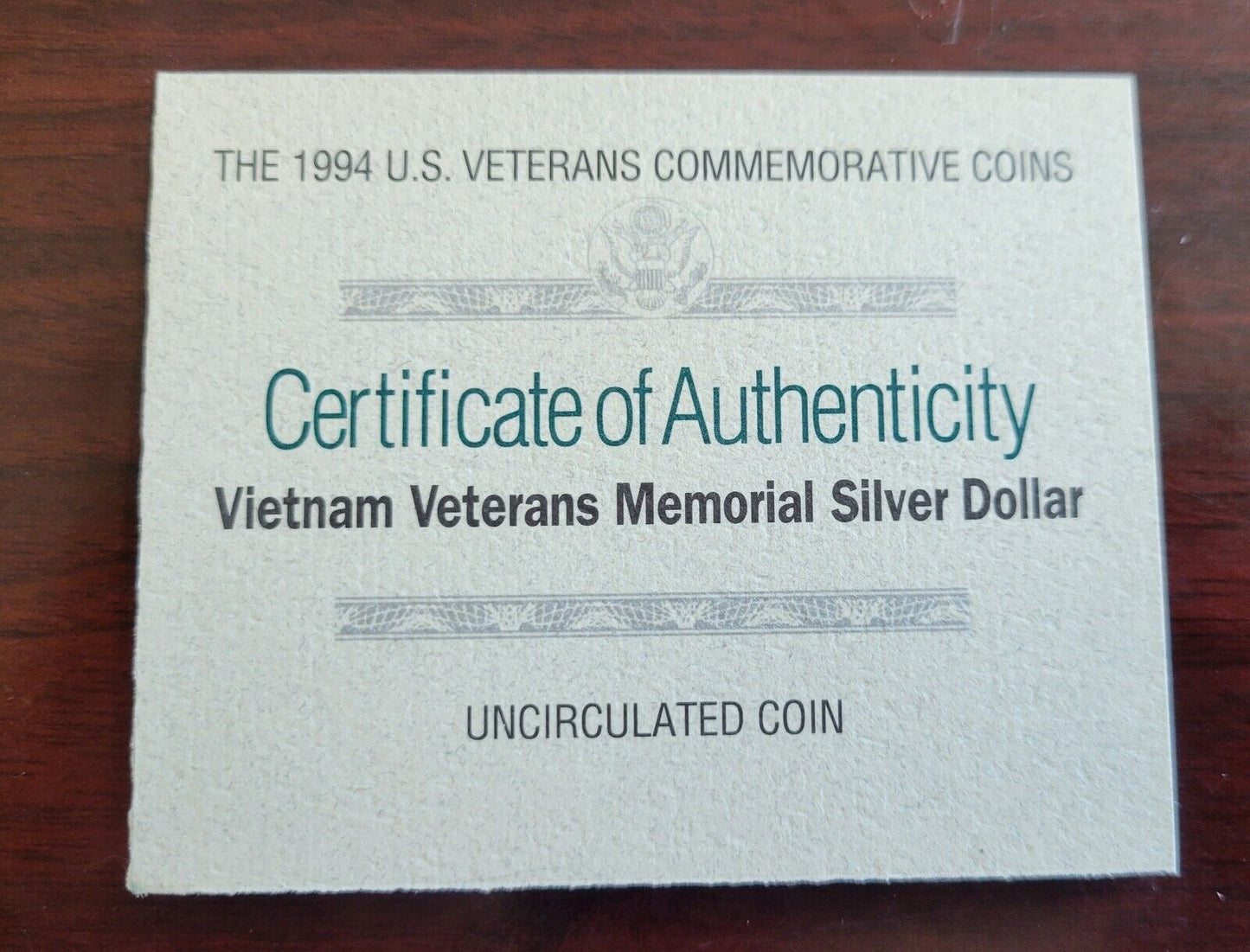 1994 W Vietnam Veterans Memorial Commemorative Silver Dollar Boxed Complete