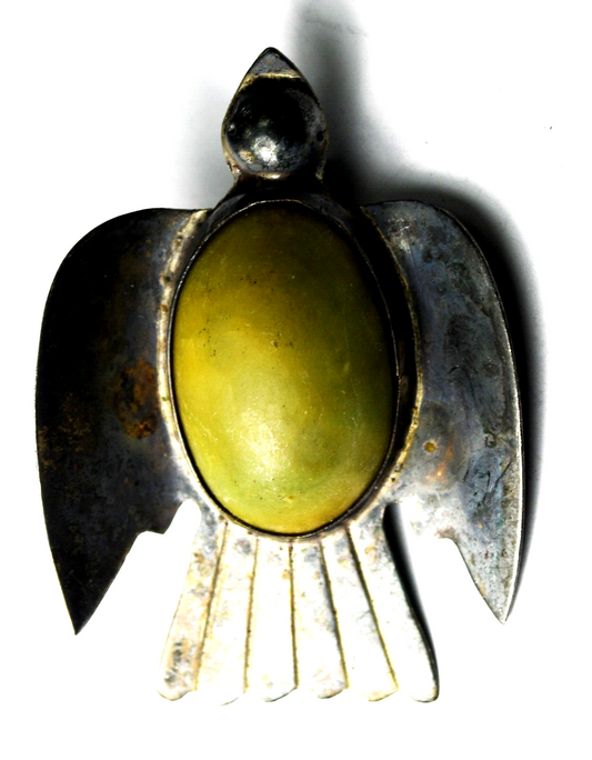 Sterling Silver Mexico Dove Bird Green Calcite Brooch Pin 51mm x 35mm
