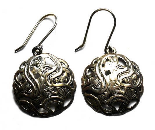 Sterling Silver Vintage Round Scroll Floral Filigree Disc Earrings 18mm x 32mm