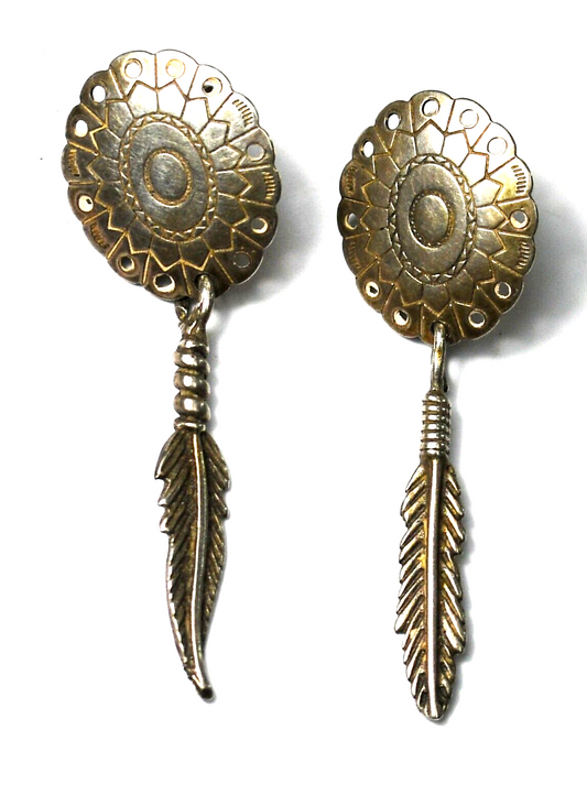 Sterling Silver Oval Concho Single Feather Dangle Earrings 42mm x 14mm