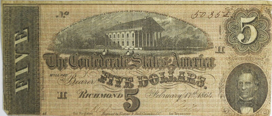 1864 $5 Confederate Note Currency Five Dollars CS-69 50352