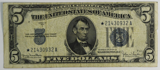 1934 D $5 Five Dollars Silver Certificate Blue Seal Star Note *21430932A Narrow