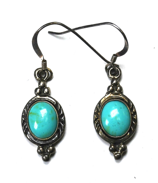 Sterling Silver Oval Turquoise Dangle Earrings 33mm x 10mm