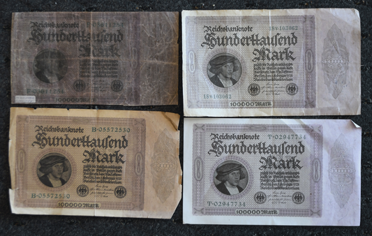 4-  1923 Germany  100,000 Mark Banknotes Reichsbanknote