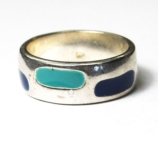Sterling Silver Two Tone Blue Enamel Stripe Ring 7mm Band Size 8