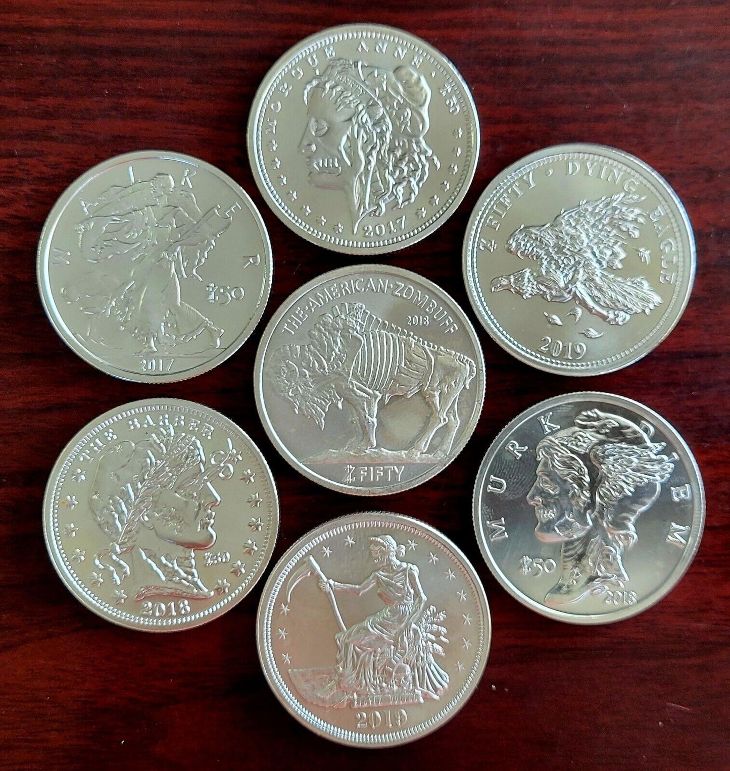 7pc Set Of Zombucks .999 Fine Silver 1oz. Zombuff, Morgue Anne, Murk Diem
