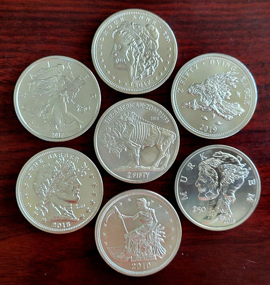 7pc Set Of Zombucks .999 Fine Silver 1oz. Zombuff, Morgue Anne, Murk Diem