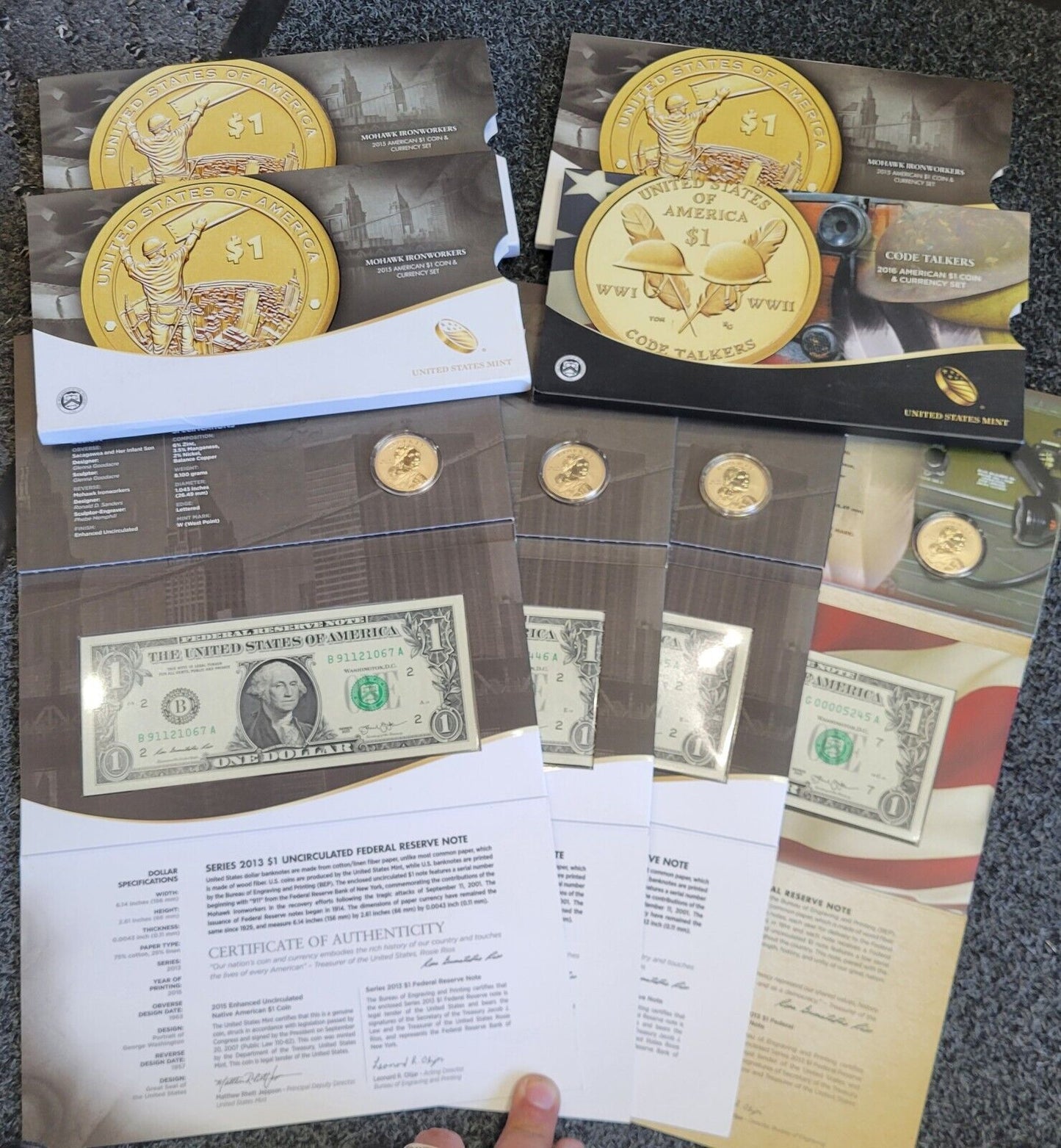2015 & 2016 Mohawk Ironworkers, Code Talkers American $1 Coin & Currency Sets