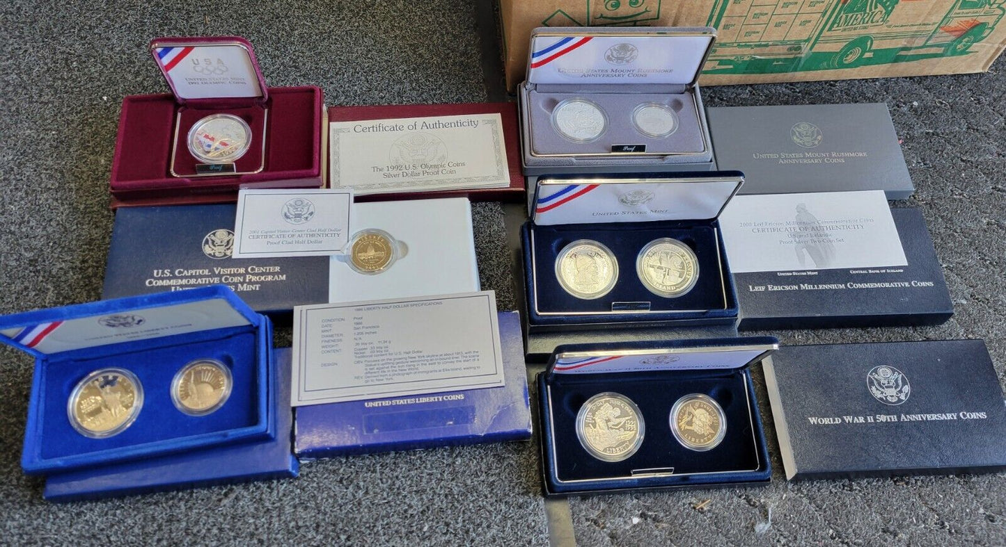 6 Commemorative US MINT Boxed Leif, Ellis, Capitol, Olympic, WWII 50TH, Rushmore