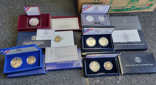6 Commemorative US MINT Boxed Leif, Ellis, Capitol, Olympic, WWII 50TH, Rushmore