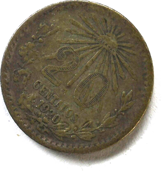 1920 Mexico Estados Unidos Mexicanos 20 Twenty Centavos Silver Coin