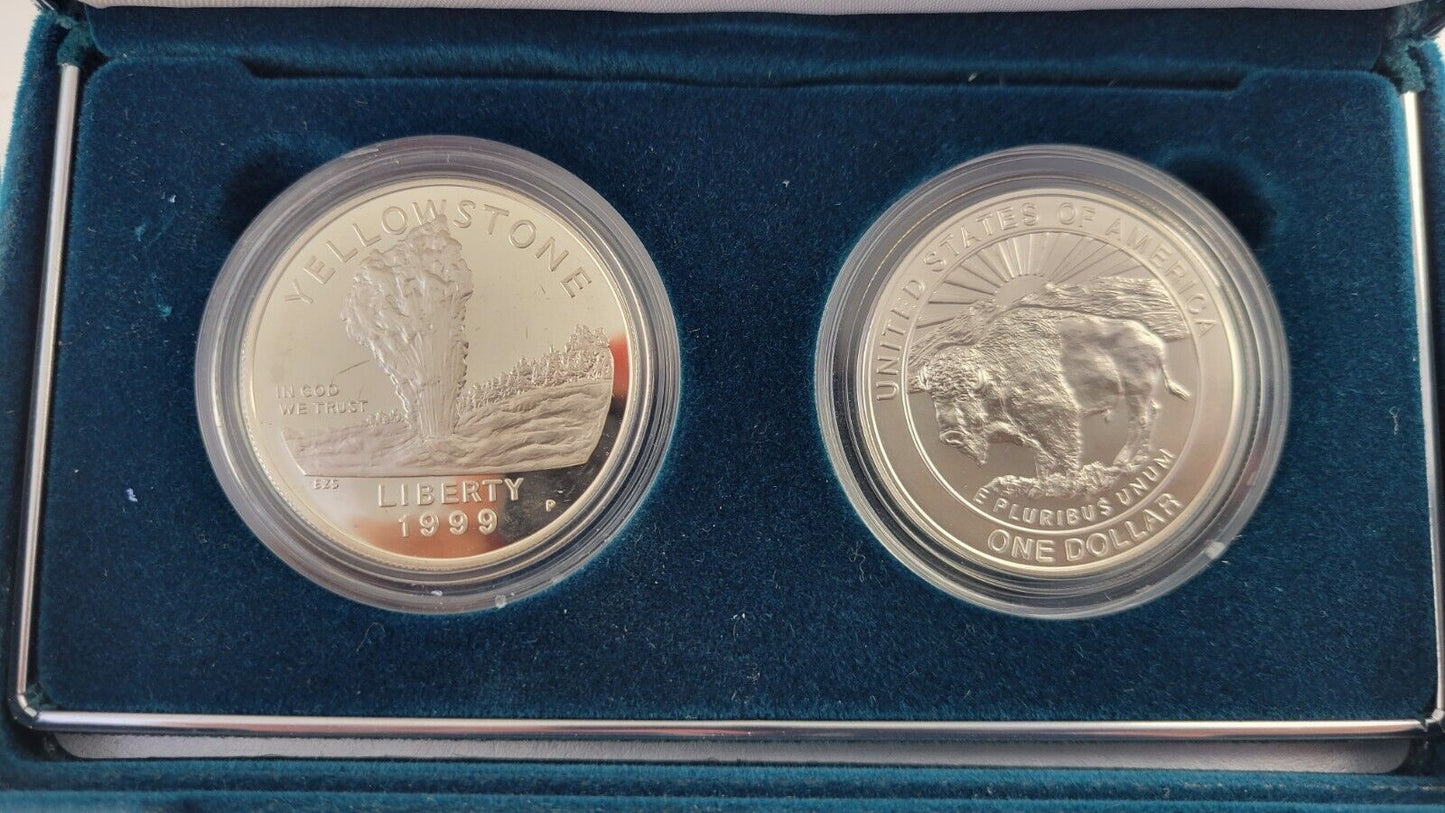 1999-P Yellowstone National Park Silver Commemorative Program 2 Coin Set Boxed