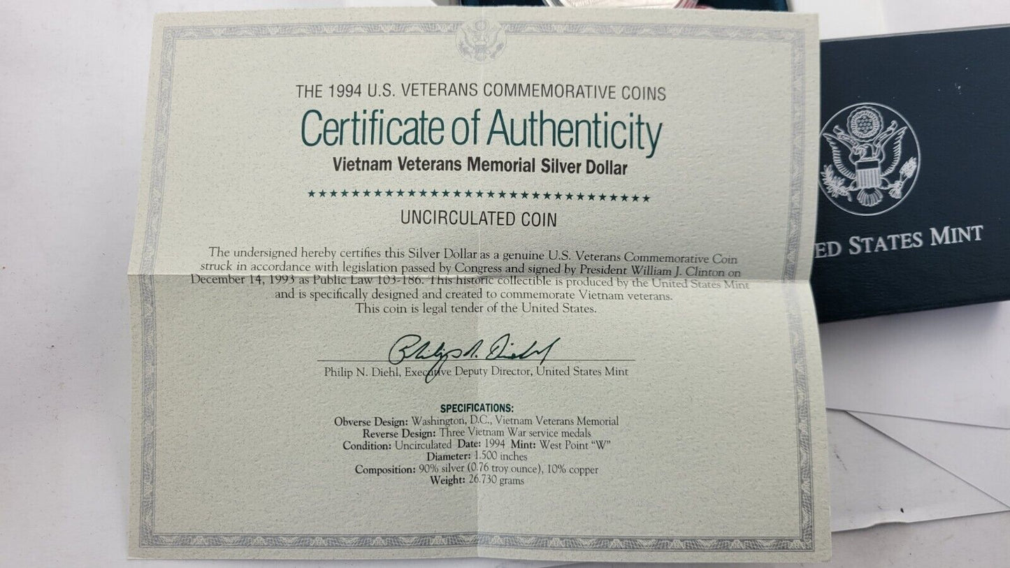 1994 W Vietnam Veterans Memorial BU Commemorative Silver Dollar US Coin Boxed