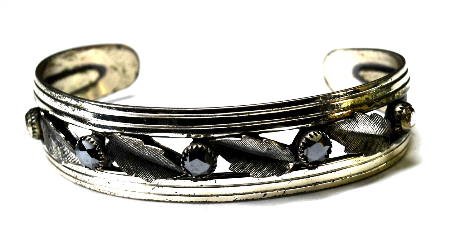 Sterling Silver Hematite Leaf Floral Cuff Bracelet 16mm 7" Wrist