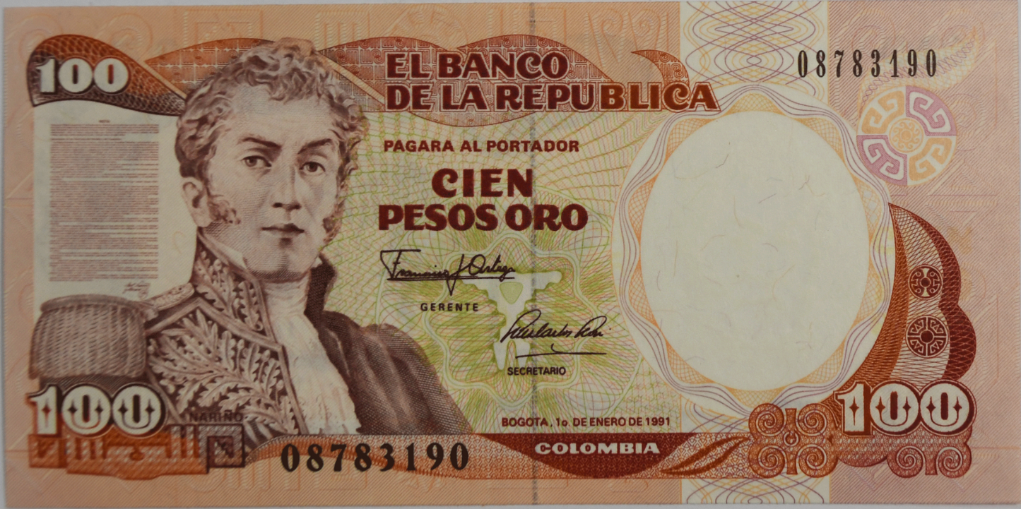 1991 100 One Hundred Pesos Colombia Banknote Uncirculated 08783190