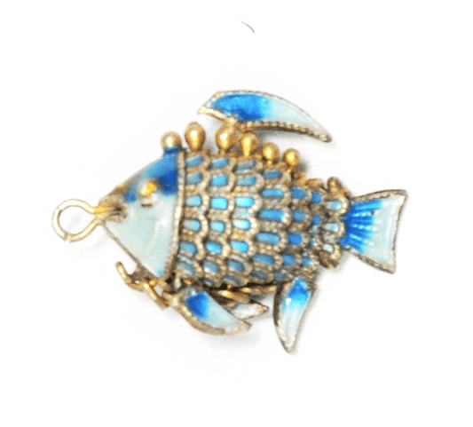 Vintage Chinese Gold Tone Blue Enamel Moving Part Fish Charm Pendant 23mm x 15mm