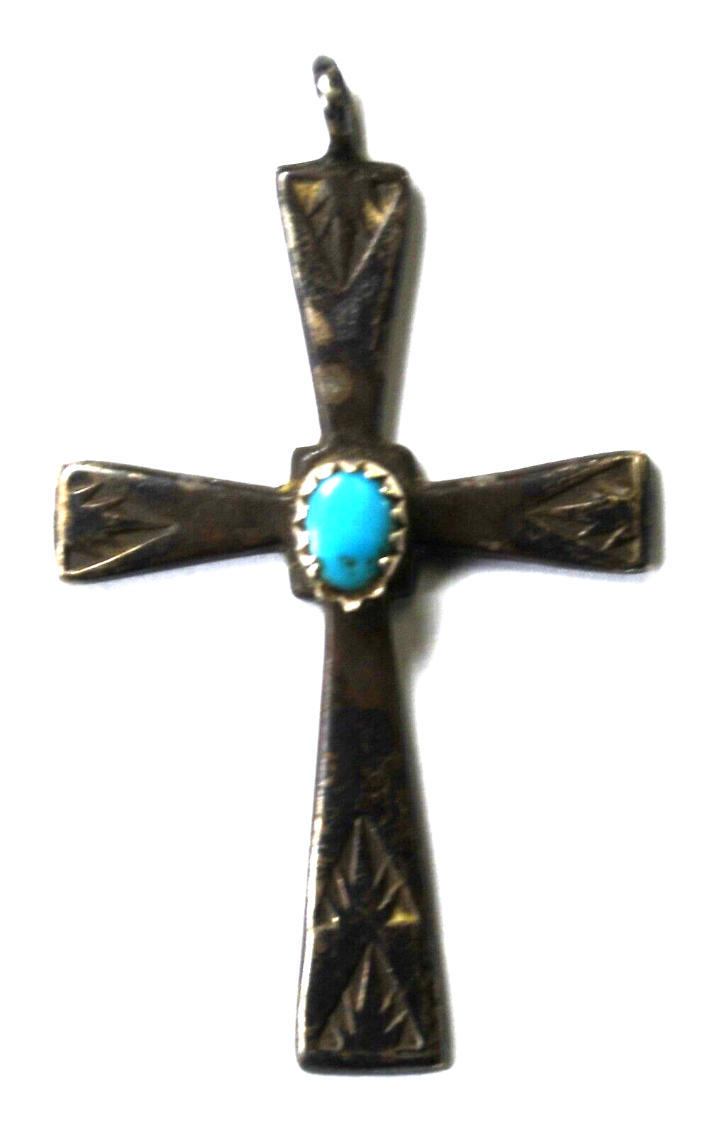 Sterling Silver Turquoise Cross Pendant 47mm x 28mm Etched Arrows Flames