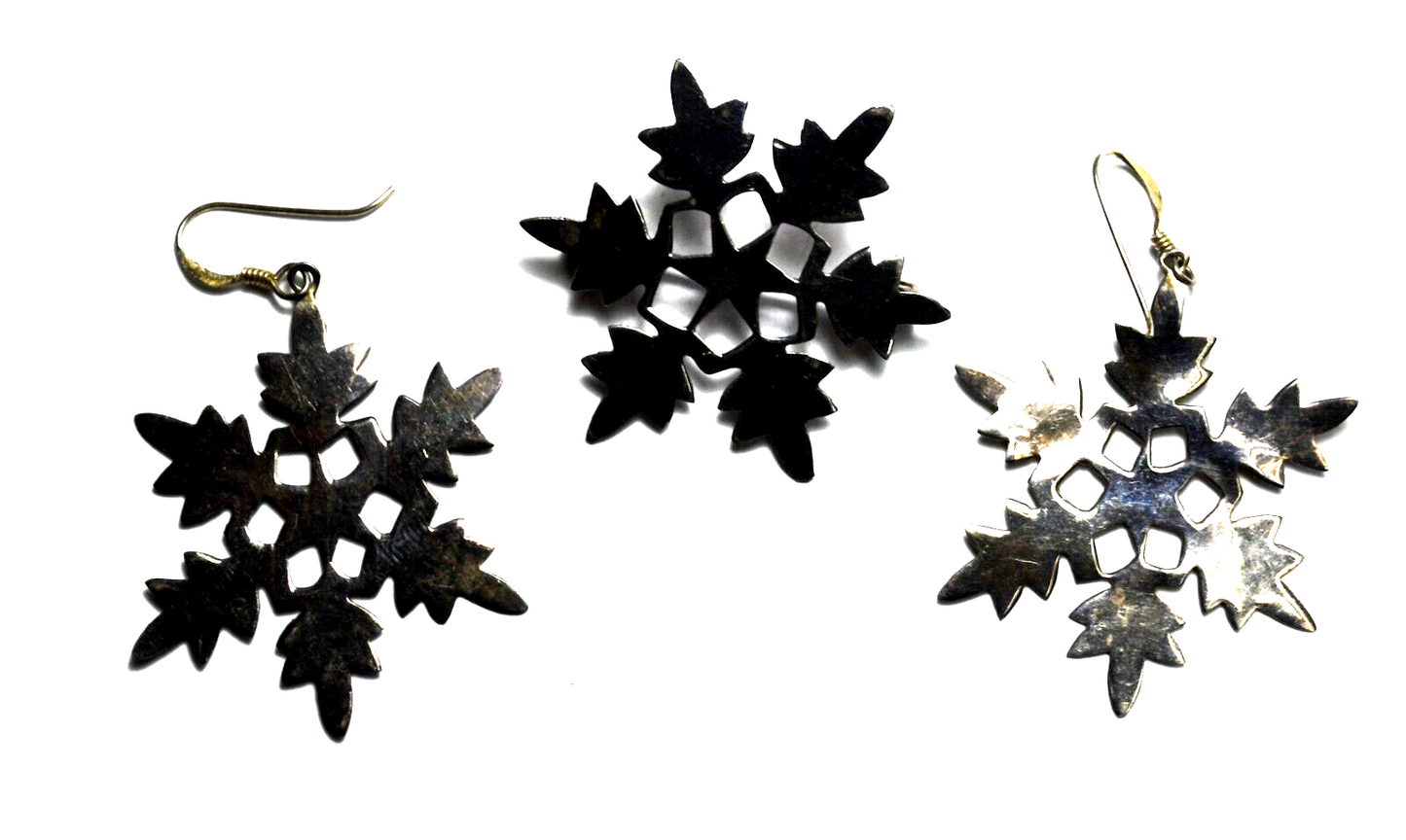 Sterling Silver PAJ 39mm Snowflake Cutout Earrings & Brooch Set Christmas X-mas