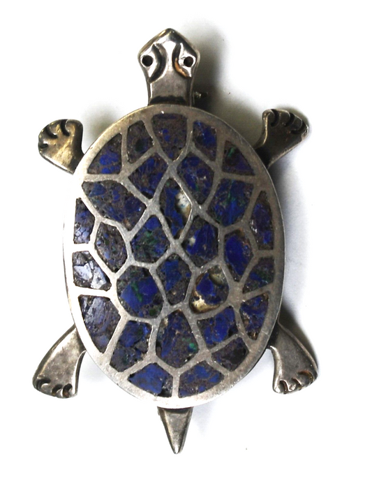 Sterling Silver Miguel Melendez Lapis Turtle Brooch Pin 44mm x 30mm