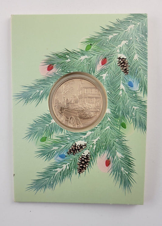 Franklin Mint Bronze Bringing Home The Tree 1980 Christmas Coin w/Holder Card