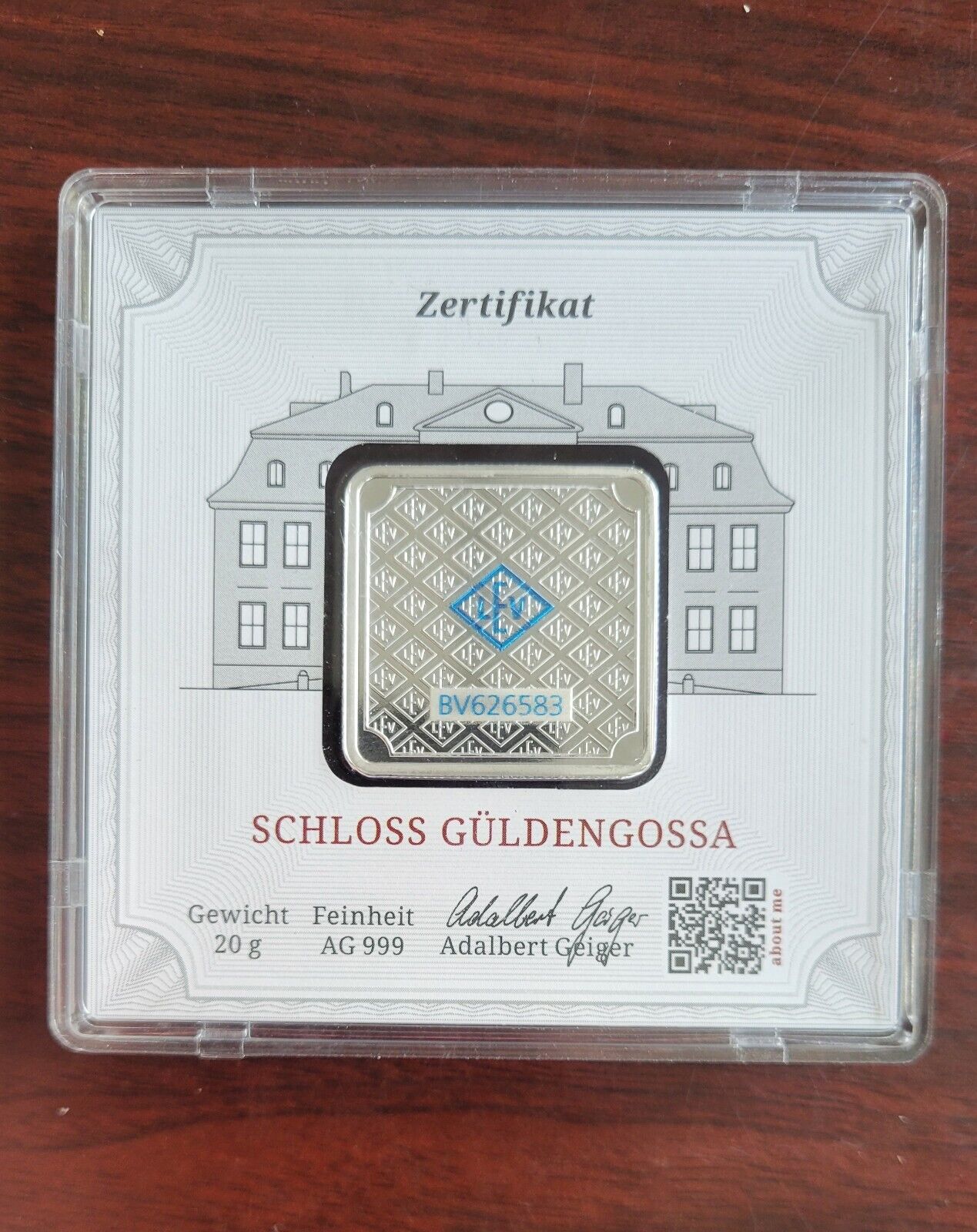 50 gram Silver Bar - Geiger Edelmetalle Original Square Series Germany Encased