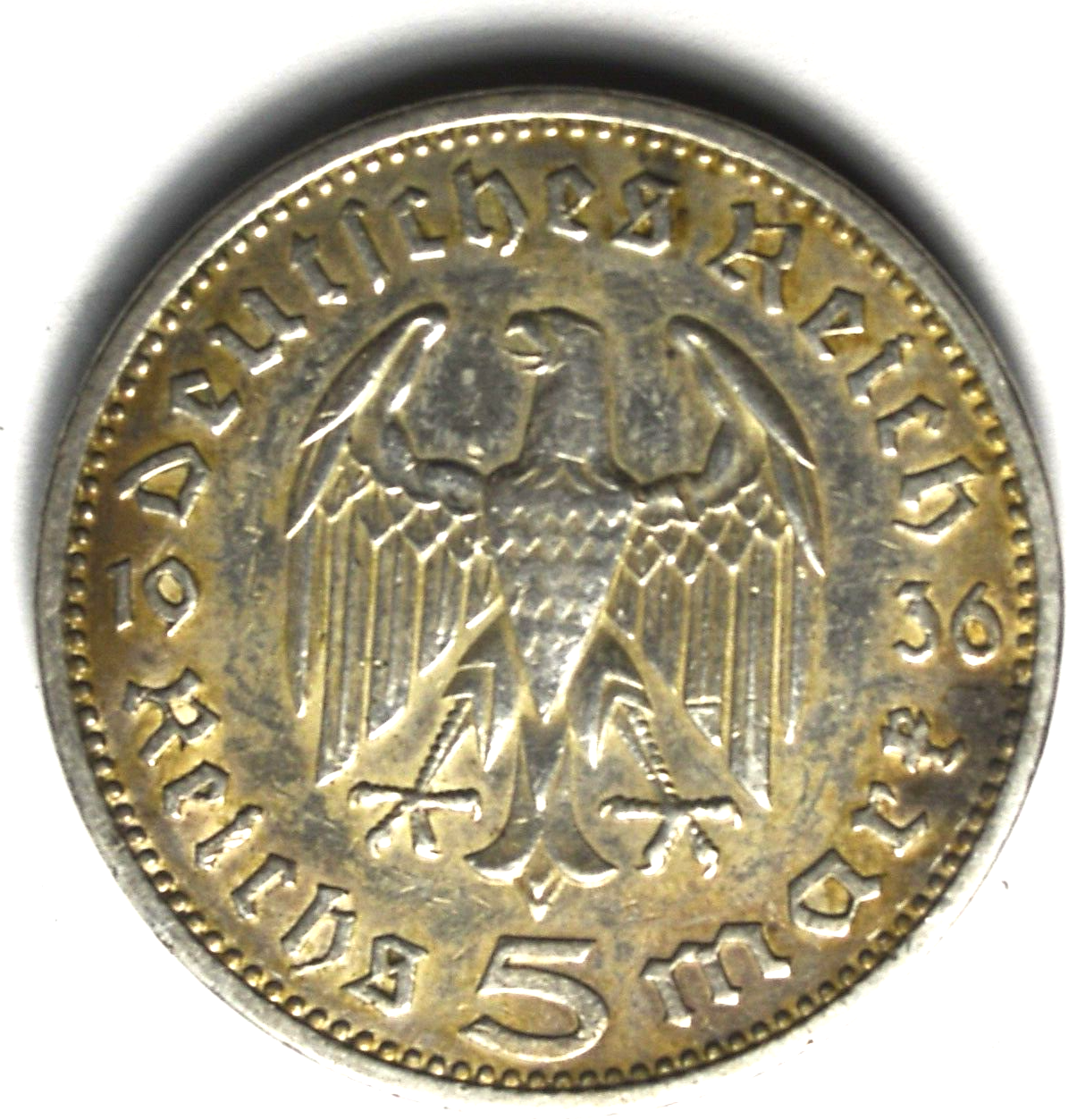 1936 A Germany Third Reich 5 Five Silver Reichsmark KM# 86