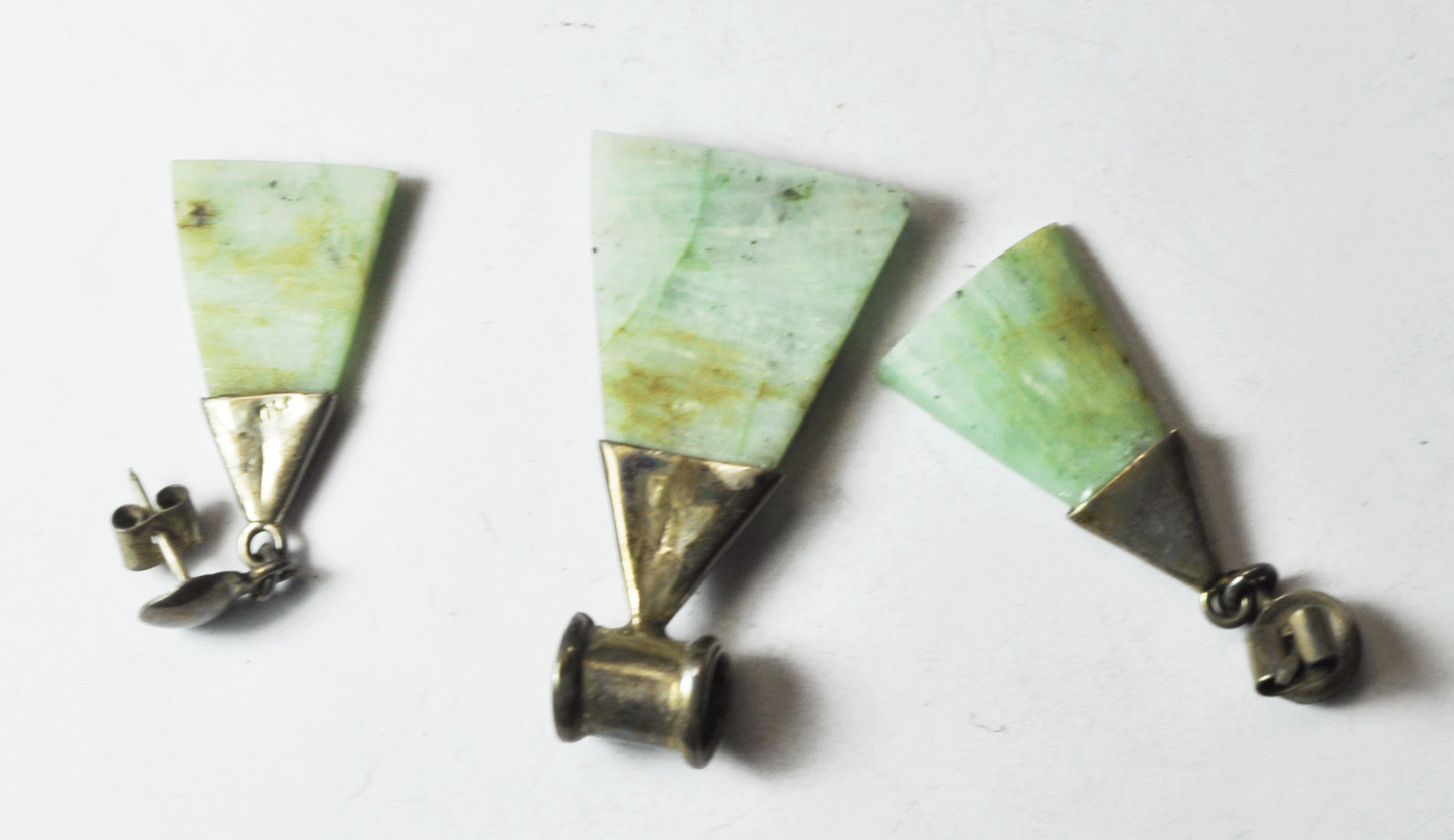 950 Silver Green Brown Jade Triangle Earrings & Slider 1-3/4" Pendant Set