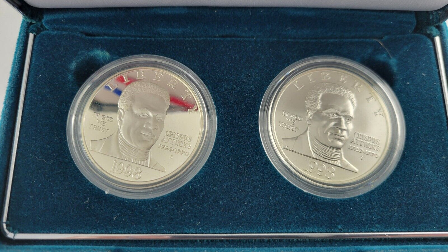 1998 S Black Revolutionary War Patriots Commemorative 2pc Silver Dollar Coin Set