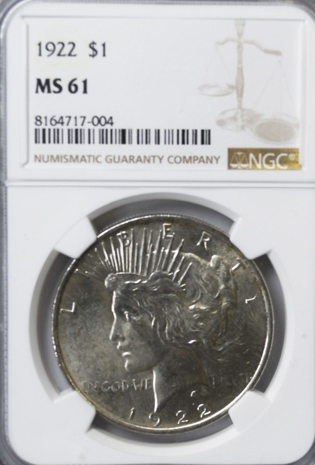 1922 $1 Peace Silver One Dollar US NGC MS61 Philadelphia