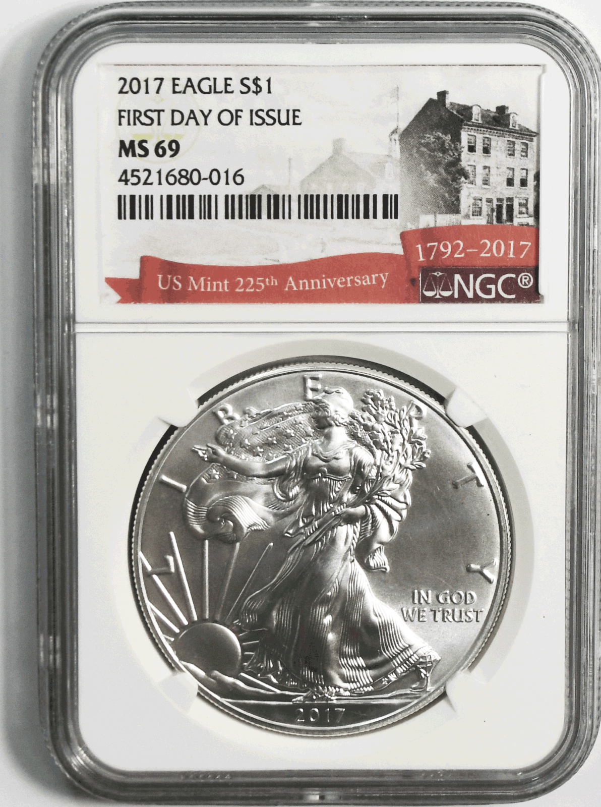 2017 $1 American Silver Eagle 1oz Fine NGC MS69 First Day 225th Anniversary
