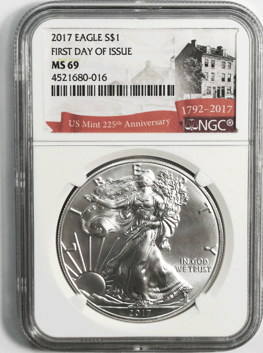 2017 $1 American Silver Eagle 1oz Fine NGC MS69 First Day 225th Anniversary