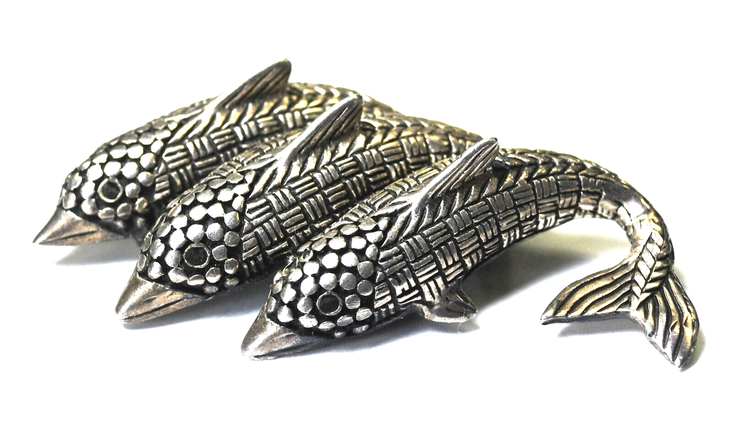 Sterling Silver Triple Fish Cross Hatch Dot Brooch Pin 62mm x 32mm Salmon Trout